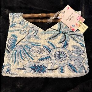 Embroidered Beaded White & Blue Bamboo Handle Bag -